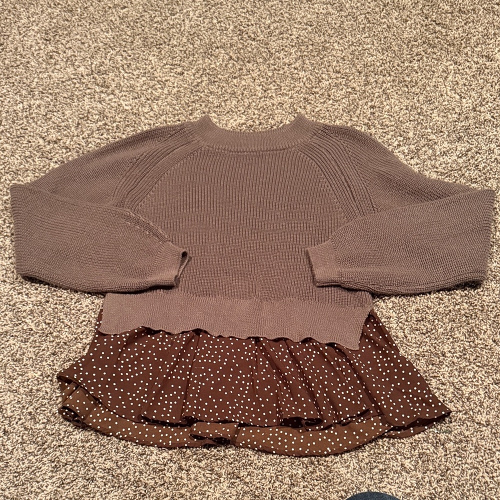 Blu Pepper Women’s Brown Layered Knit Sweater with Polka Dot Hem Sz. M